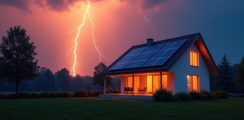 Modern house with solar panels, lightning storm raging, residential, electricity