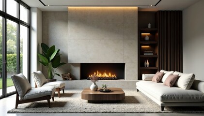 Modern living room, stone feature wall, minimalist fireplace, coffee table, geometric, upscale