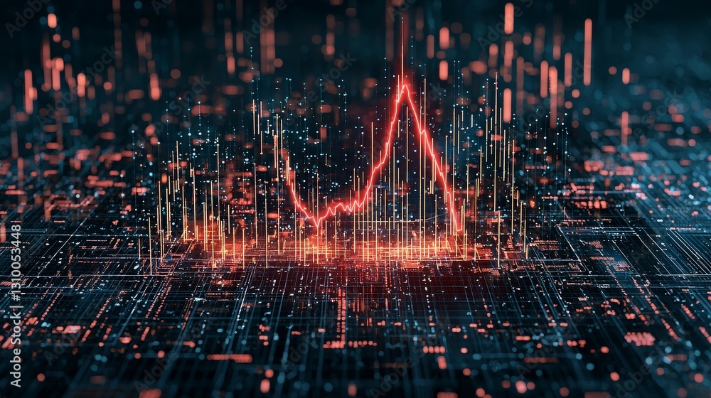 Poster abstract visualization of data trends with vibrant red and orange elements against a dark digital ba