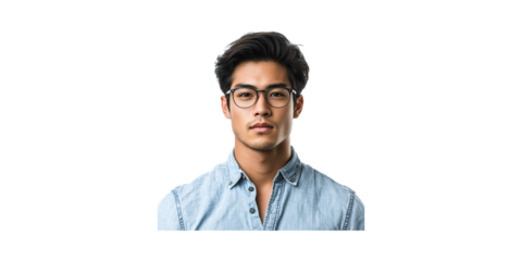 Young man with glasses and denim shirt isolated on transparent background