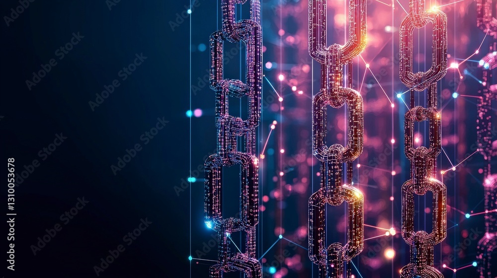 Poster digital abstract representation of interconnected blockchains concept, illuminated with vibrant colo