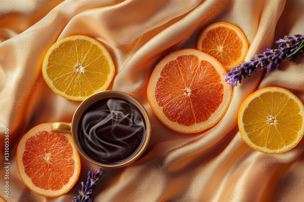 Poster Vibrant sensory experience with coffee steam, citrus slices, and lavender fields in abstract harmony Generative AI