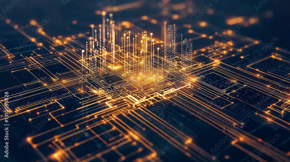 Poster abstract representation of a digital network with luminous lines and nodes, resembling a cityscape o