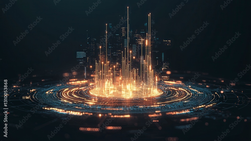 Poster a vibrant, abstract digital economic forecast dashboard design featuring glowing spikes and circular