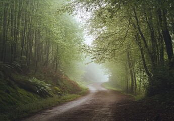 Naklejka premium Serene Misty Path Through Lush Green Forest Showcasing Peaceful Nature Scene in Early Morning Light with Soft Fog and Quiet Atmosphere