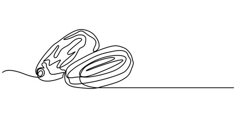 Continuous one line drawing of dates palm fruit. Vector illustration,  Arabian food in simple linear style. food for iftar Ramadan celebration design concept. Vector illustration, white background.  