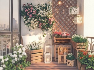 Fototapeta premium A cozy balcony space decorated with flowers and wood elements