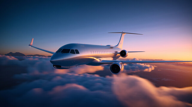 A sleek private jet flying high above the clouds during a breathtaking sunset ai generated