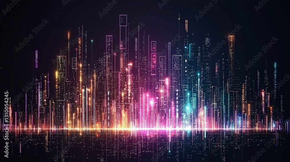 Poster abstract digital skyline with vibrant colors and illuminated vertical lines against a dark backgroun