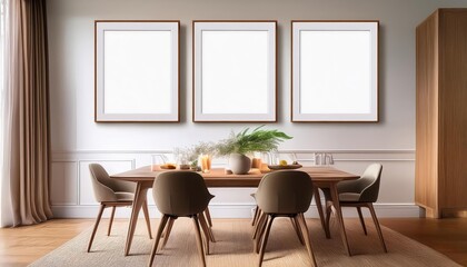 Scandinavian Modern Dining Room Three Empty Picture Frames against a Clean Backdrop, Showcasing Minimalist Chic and Sophisticated Elegance, Perfect for Artwork or Home Decor Inspiration.