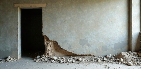 Grietas en paredes de cemento de diferentes tama?os y profundidades, debris, structural failure