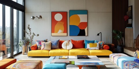 Modern living room features colorful furniture and abstract art pieces