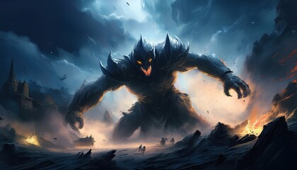 A giant creature looms over a barren battlefield, daring brave warriors under stormy skies.