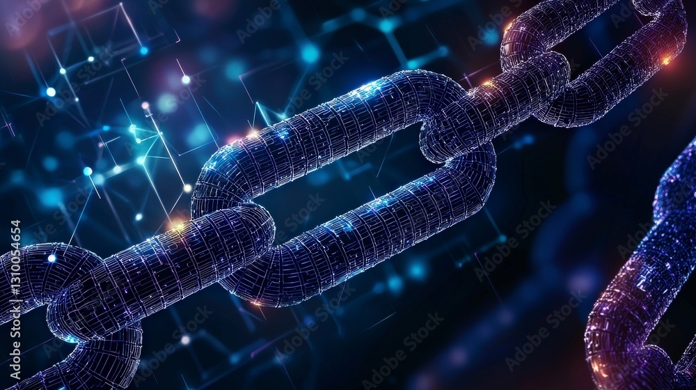 Poster digital representation of a glowing chain link, emphasizing technology and connectivity in a modern,
