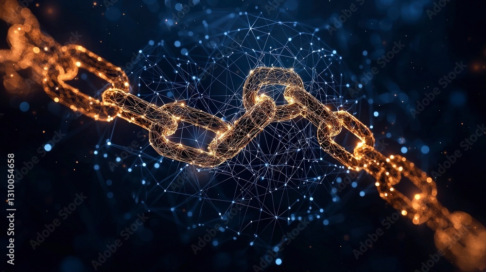 Poster illuminated chain links against a dark background, symbolizing connection and technology in a digita