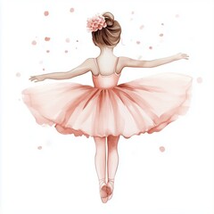 Beautiful baby doll ballerina in light pink tutu skirt, delicate watercolor illustration. Nursery poster design, limited color palette. Isolated on white background