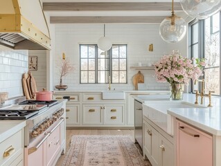 Fototapeta premium A bright kitchen with a charming floral arrangement and appliances