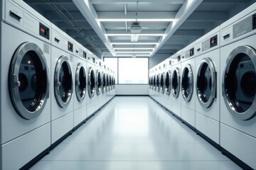Rows of large commercial washing machines in a spotless setting , bright space, industrial, commercial washers