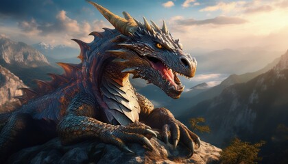 A fierce dragon rests on a rocky outcrop, gazing over a lush valley under a brilliant sky.