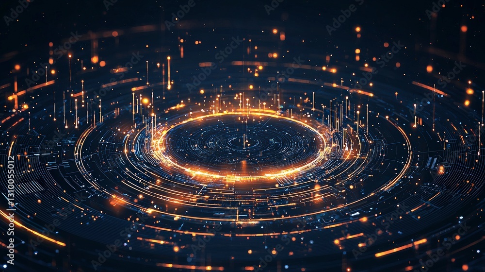 Poster abstract digital design featuring glowing circles and dynamic light trails against a dark background