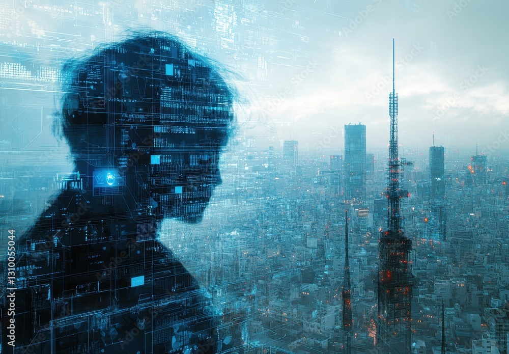 Poster silhouette of a person against a futuristic cityscape with digital data overlay representing technol