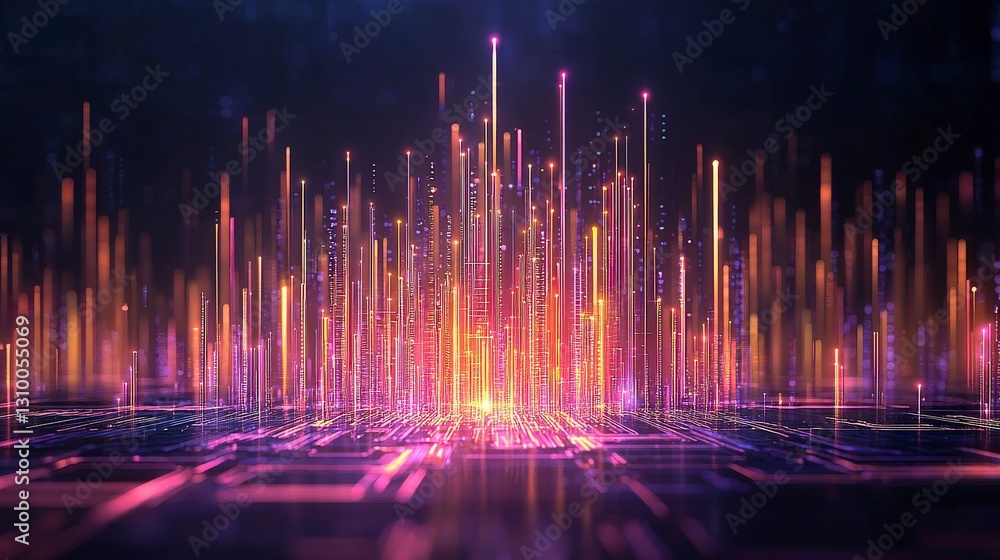 Poster market trends analysis with data visualization with colorful light beams emerging from a network gri