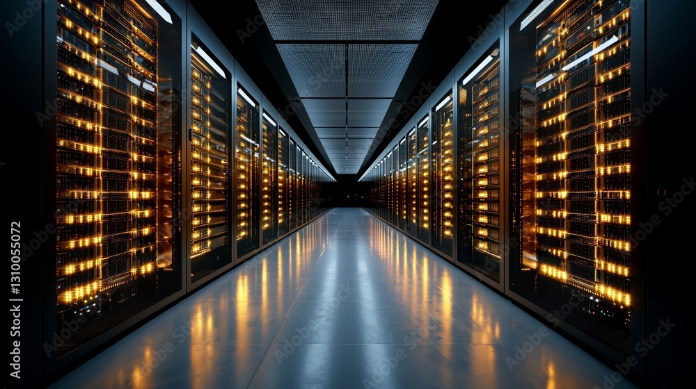 Poster envision a cutting-edge data center featuring rows of server racks, cooling systems, and redundant p