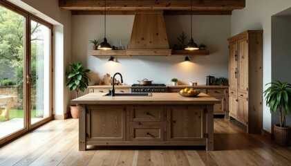 Rustic kitchen featuring a large wooden rectangular island, kitchen tools, oven