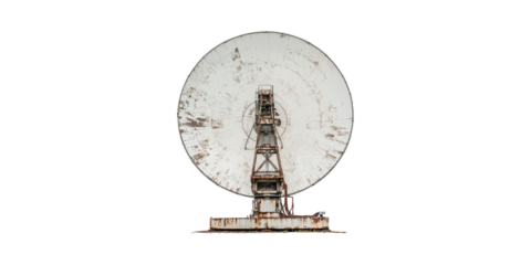 Large vintage satellite dish with metal structure isolated on transparent background