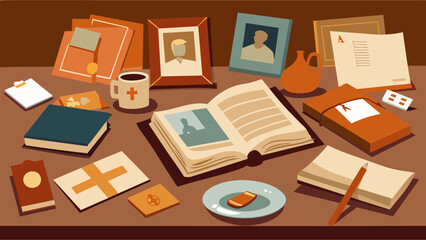 Old scrapbooks and photo albums line a long table filled with newspaper clippings and pictures of past church events and activities.. Vector illustration