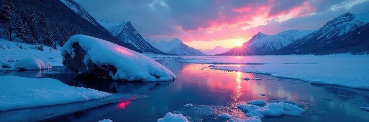 Obraz premium Light dance on the surface of a frozen boulder, frozen tundra, frozen lakes