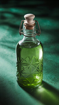 A beautifully designed glass bottle filled with green liquid, placed on a textured green surface ai generated