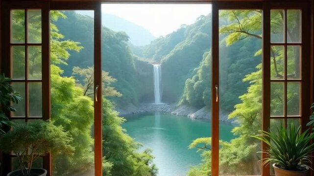 zoom in on beautiful Waterfall in the forest views from home travel dream nature unite. Seamless looping time-lapse 4k video animation background