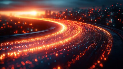 Futuristic data stream highway city sunset