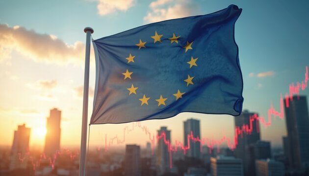 European Union flag waves against cityscape and financial graphs, symbolizes economic situation in EU region. Represents economic trends, integration, trade, investment and finance in european market.
