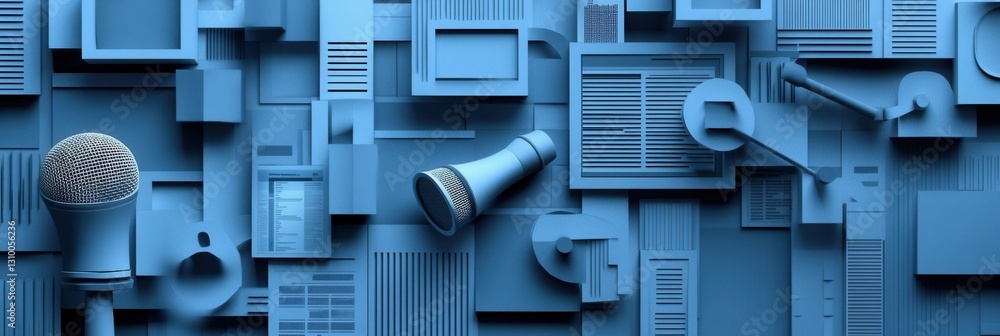 Poster modern paper art composition featuring layered silhouettes of microphones and news elements in profe