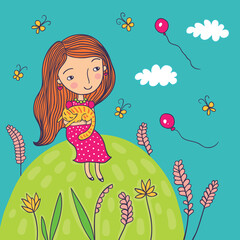 Girl on the Hill with a Sleeping Cat