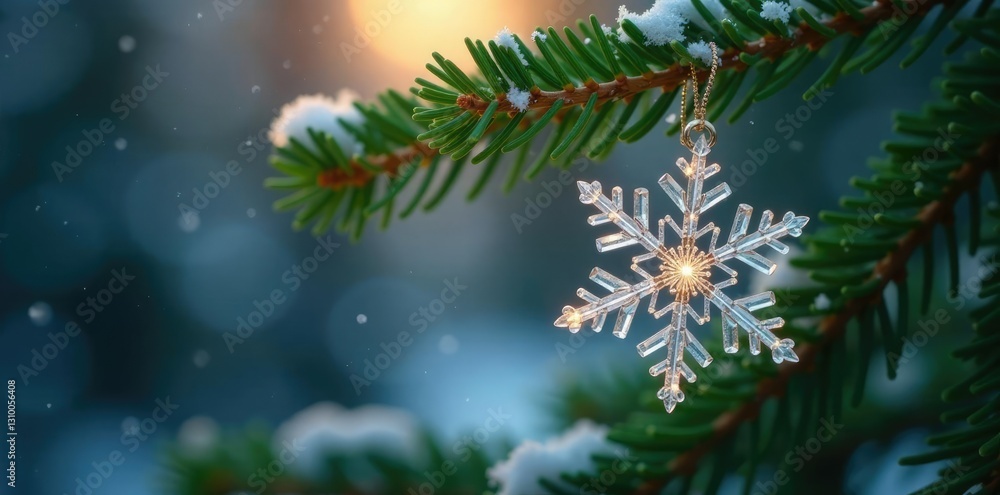 Poster pine tree branch topped with a delicate crystal snowflake-patterned ornament, elegant, branches, sno