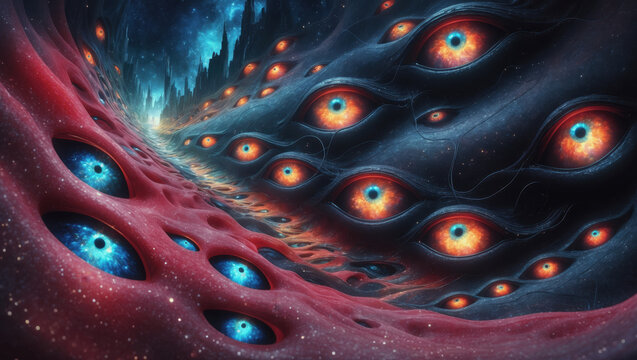 Surreal landscape with glowing eyes exploring a cosmic dimension at twilight