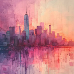 Vibrant Watercolor Cityscape of New York Skyline at Sunset | Modern Urban Landscape Art with Colorful Reflections