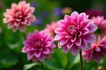 Fototapeta premium Pink and purple dahlia flowers in a garden bed with greenery, bed, flowers, plants