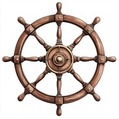 Obraz premium Antique Wooden Ship Steering Wheel Isolated on White Background