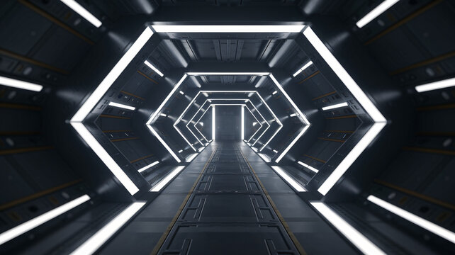 A futuristic hexagonal tunnel illuminated by bright white LED lights ai generated
