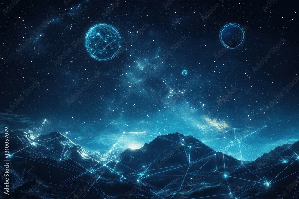 Poster dreamy cosmic landscape featuring interconnected planets and symbols within a deep blue nebula under
