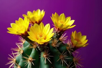 Obraz premium Prickly cactus blooms bright yellow flowers against deep purple background, plantlife, yellowflowers, succulents
