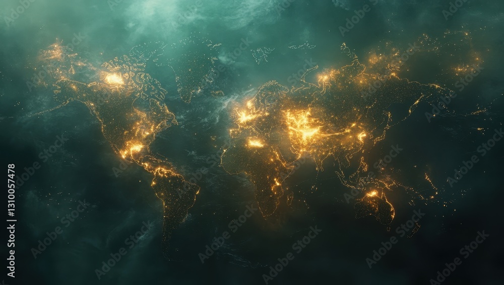 Poster sparkling world map at night with glowing city lights and atmospheric cloudy background illuminated 