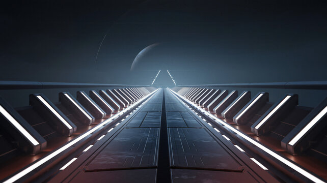 A sci-fi inspired corridor with illuminated pathways extending into the horizon ai generated