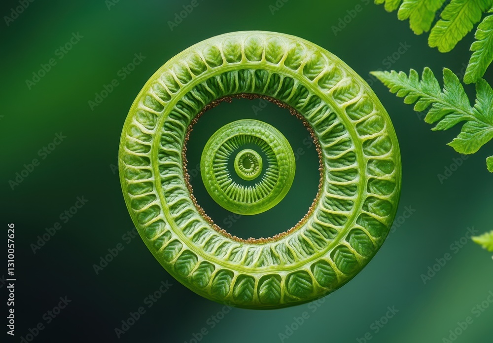 Poster spiraling green fern structure in vibrant natural background with intricate patterns highlighting bo