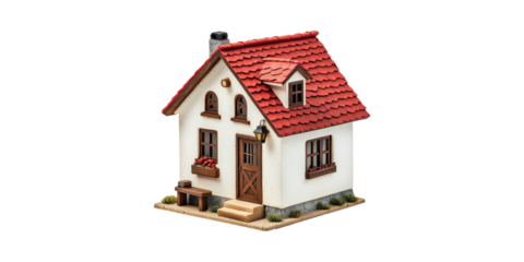 Charming miniature house with red roof and chimney isolated on transparent background