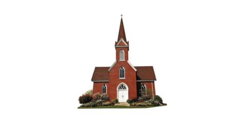 Red brick church with bell tower and stained glass windows isolated on transparent background